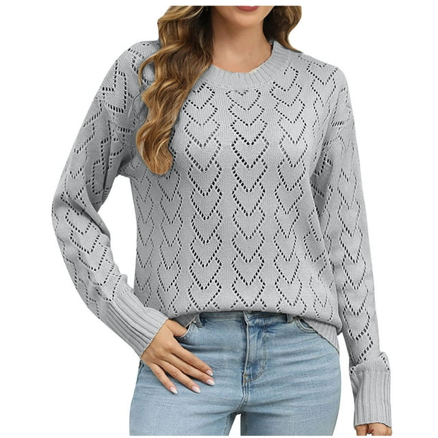 Qertyioot Chandails Tricotés pour Femmes, Chandail Blouse à Manches Longues Col Rond Ajouré pour Femmes