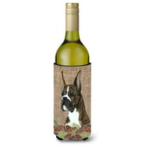 Brindle Boxer on Faux Burlap with Pine Cones Wine Bottle Hugger