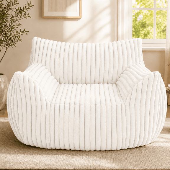 GOSAVI Giant Bean Bag Chair for Adults with Armrests & High Memory Foam,Faux Fur Beanbag with Side Pocket &Removable Cover, Lounge Sofa for Living Room, Bedroom & Game room, White