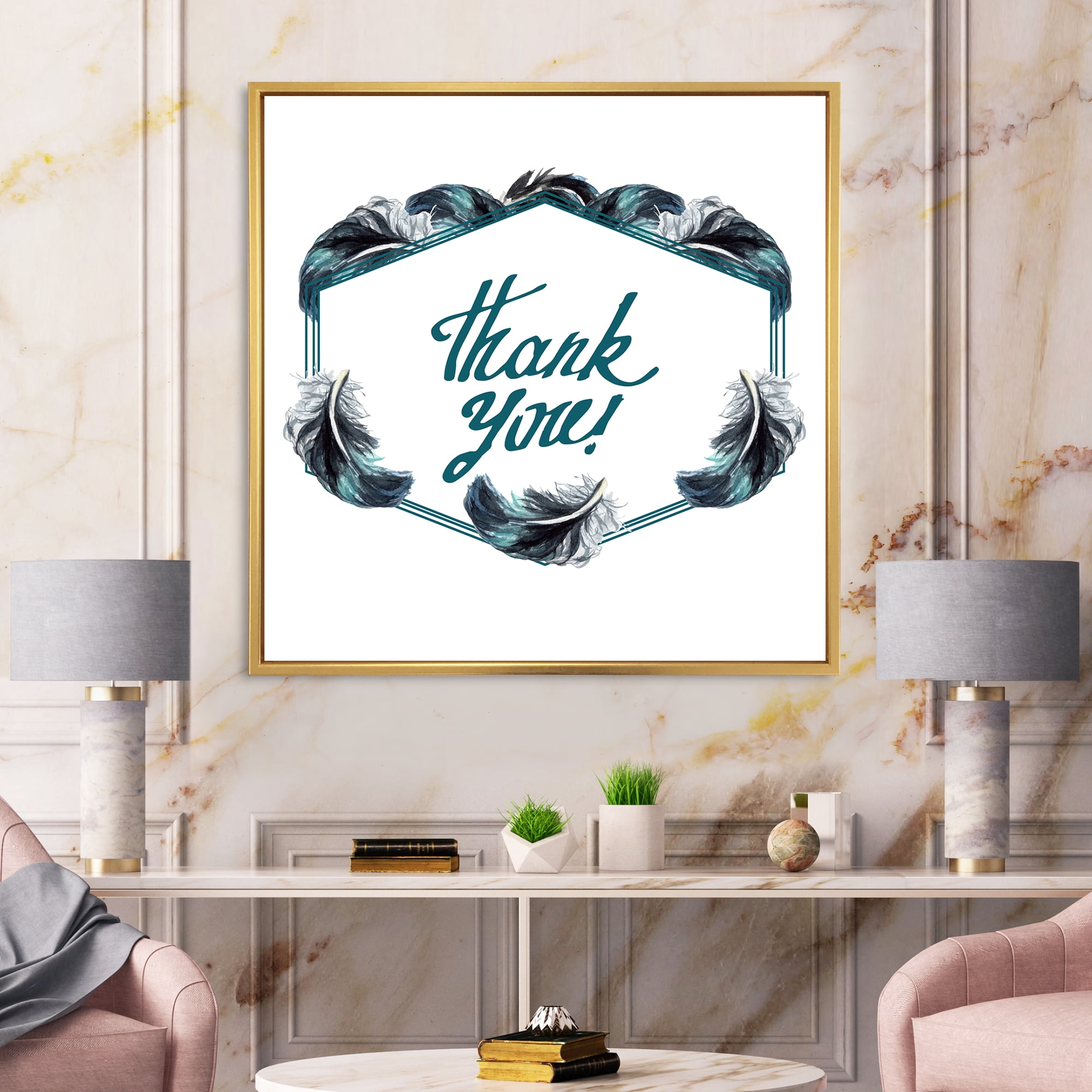 Black Boho Art Feathers Thank You 30 in x 30 in Framed Painting Canvas Art Print, by Designart