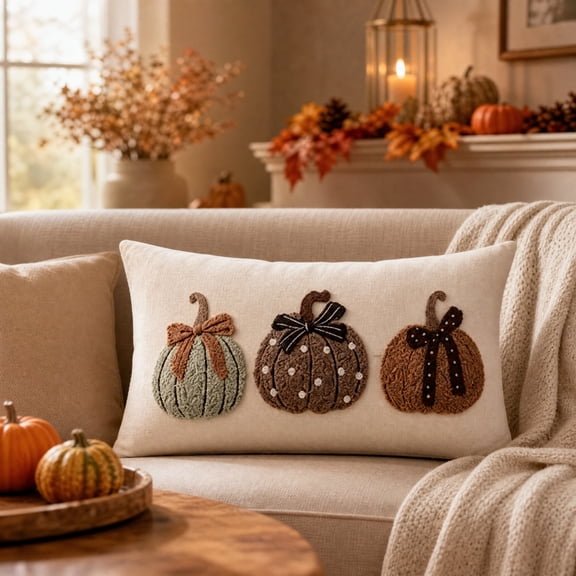 Fall Pumpkin Lumbar Pillowcase, Fall Decor Outdoor Indoor Home Decor Accents, Textured Applique Cushion for Sofa, Bed, Autumn Holiday Room Decor