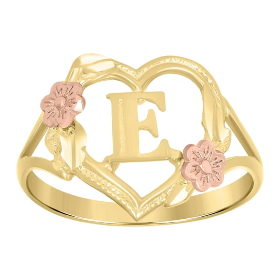 10kt Real Two-Tone Gold Womens Dc Textured Initial Letter E Heart Band Ring
