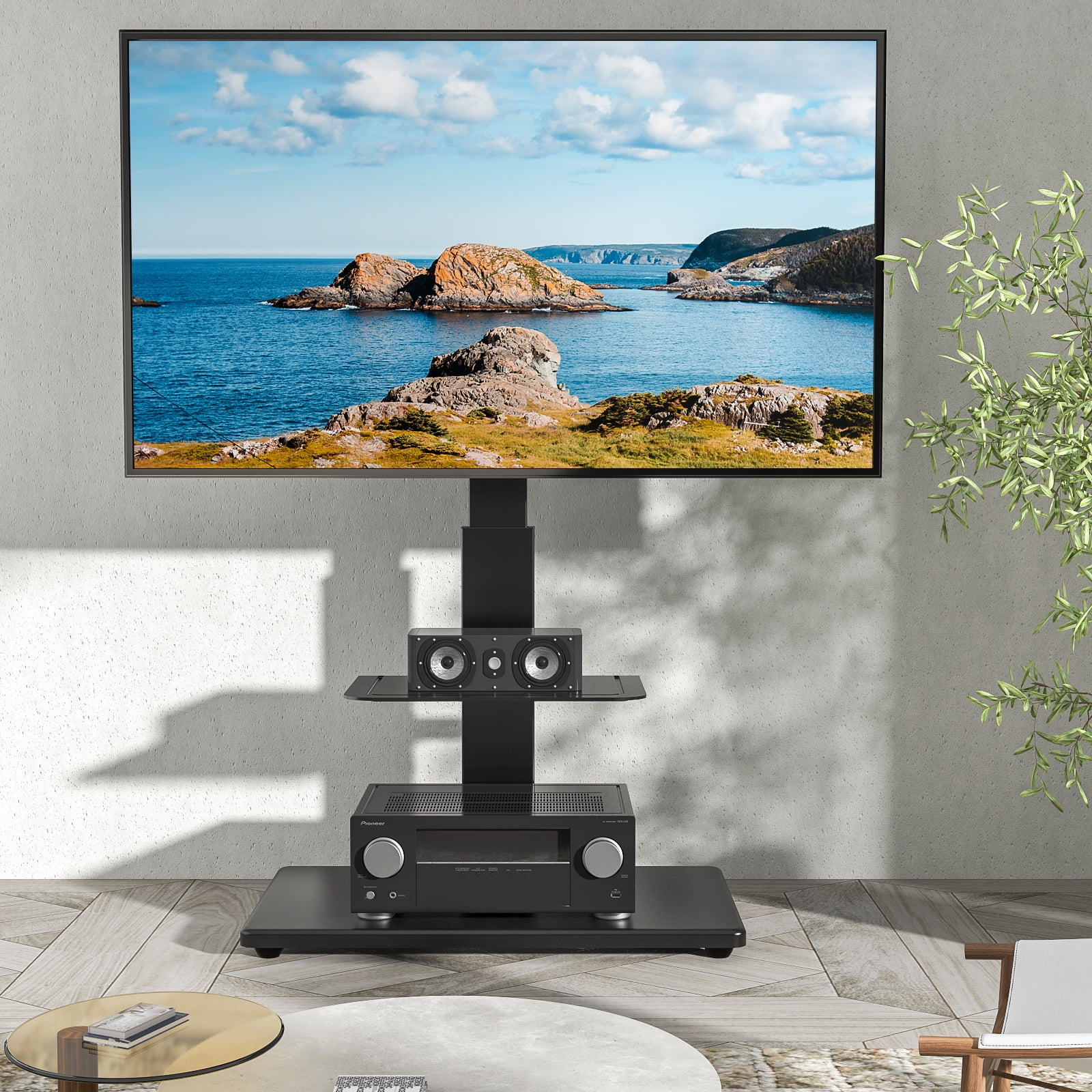 Rfiver Modern Swivel Tv Floor Stand Mount For Tvs Up To 75 Inch 2 Shelf Walmart Com