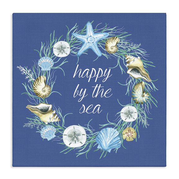 Stupell Industries Coastal Happy By The Sea Calligraphy Aquatic Shells Wreath Canvas Art, 30 x 30, by Sharon Lee