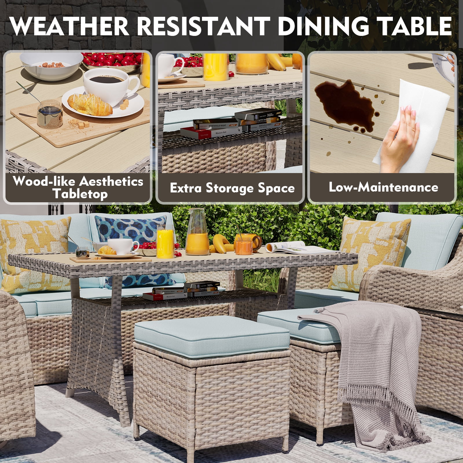 MEISSALIVVE 6 Pieces Patio Furniture Set with Dining Table, Outdoor Wicker Conversation Set with Fixed Chairs, Wicker Armrest, 2 Ottomans, Blue