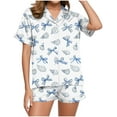 thumbnail image 4 of Tnhcen Women's Pajamas Set Button Down Short Sleeve Tops Lounge Shorts Pjs Set Soft 2 Piece Classic Print Sleepwear Home Clothes S-2XL, 4 of 7