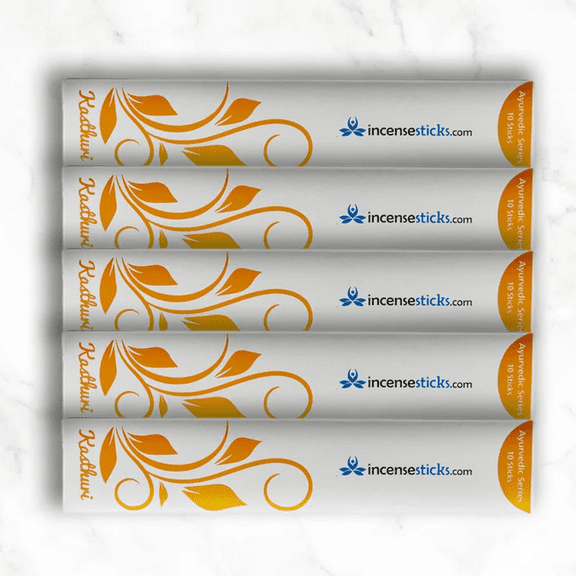 Kasthuri Incense Sticks 8" - 5 Packs, 10 Sticks Each | Gentle & Musky Exotic Aroma