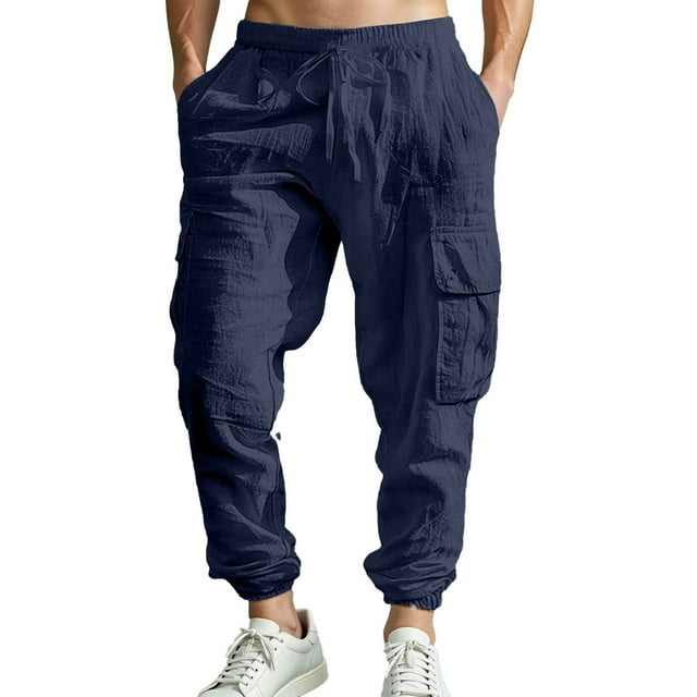 Pantalones casuales de lino para hombre: múltiples bolsillos y lazos, para primavera/verano/otoño, versátiles con camisetas, lavables a máquina, tallas S-XXXL.