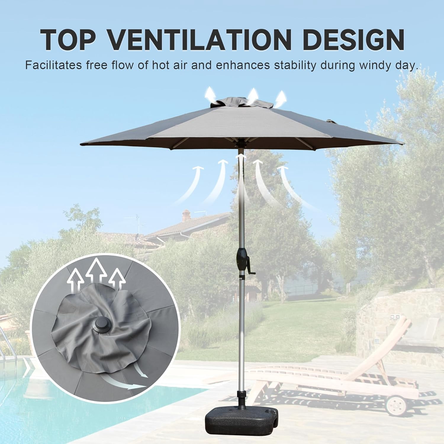 TOTAL 7.5FT Patio Umbrella Outdoor Market Umbrella with Silver Aluminum Pole, UV Resistant Canopy, Wind Vent, Tilt & Crank System, Perfect for Patio, Garden, Deck, Pool, Outdoor Dining, Gray