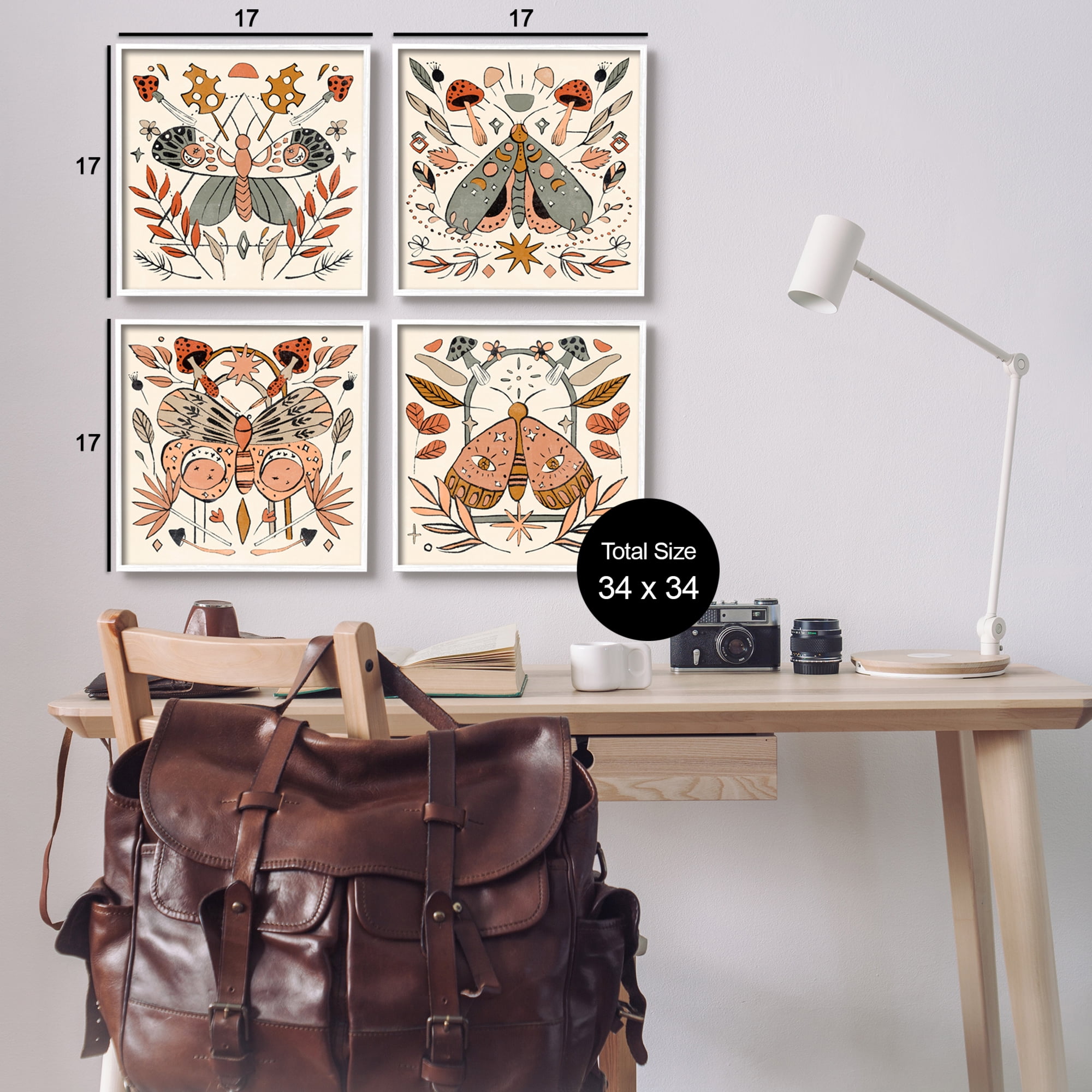 Stupell Industries Cottage Moths & Mushrooms Animals & Insects Painting White Framed Art Print Wall Art, 17 x 17, Set of 4