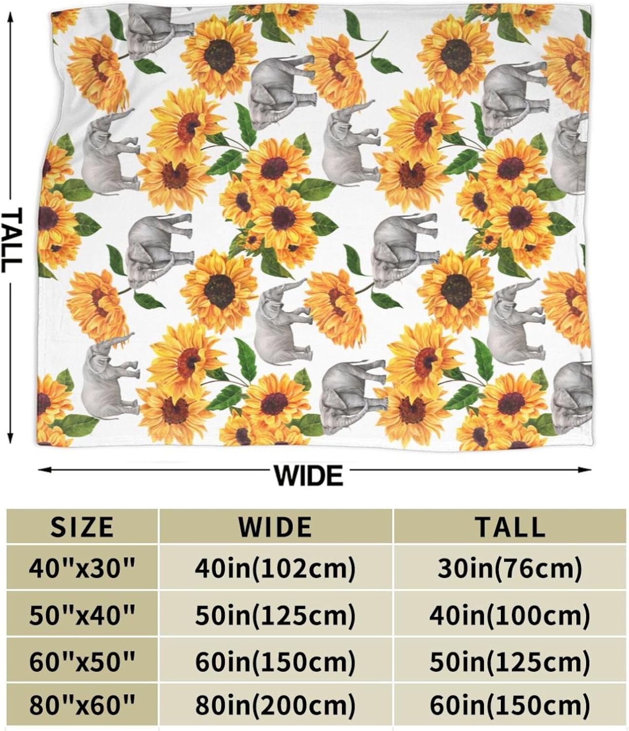 Elephant Sunflower Throw Blanket Warm Cozy Plush Bed Blankets for Sofa Couch Bedroom,Sunflower Elephant Gifts for Women Adults 50"X40"