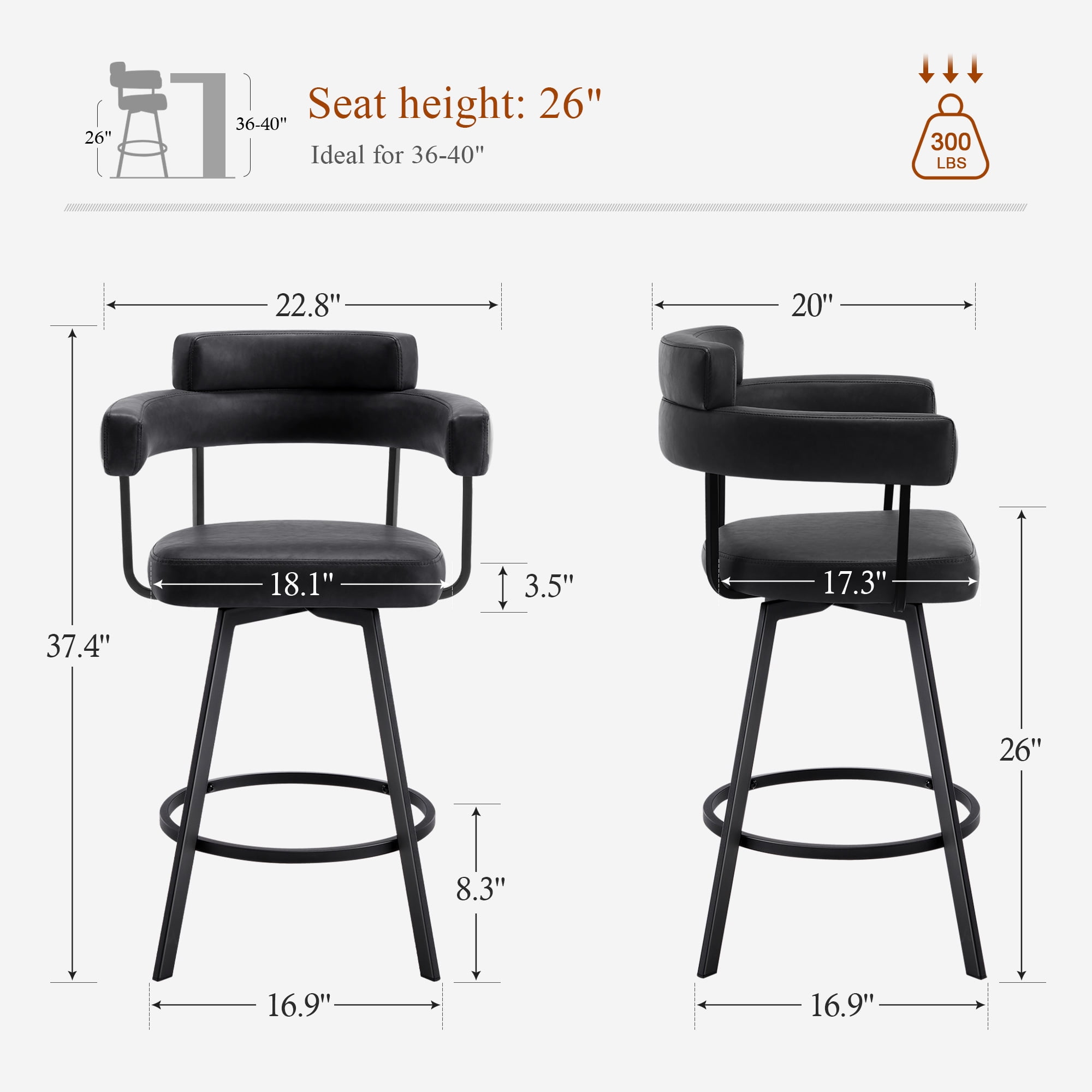 Zesthouse 26" Counter Height Swivel Barstools, Faux Leather Upholstered Bar Stools Set of 2, Armrests, Metal Base, Black