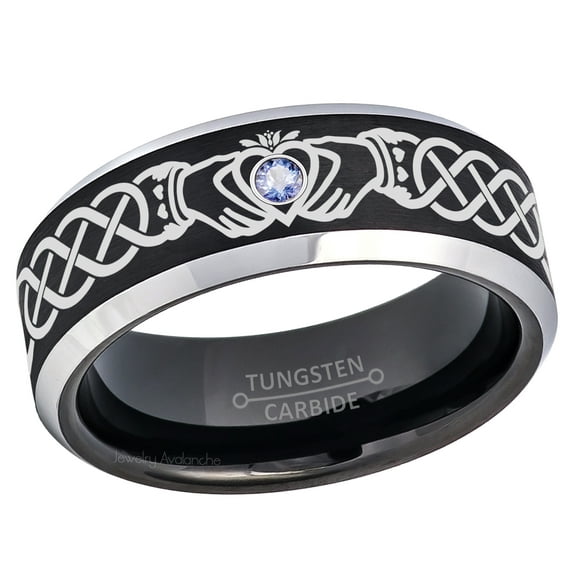 Claddagh Tungsten Ring - 2-Tone Mens Beveled Tungsten Carbide Wedding Band - 0.07ct Tanzanite Tungsten Ring - Personalized Tungsten Wedding Ring - Custom Made December Birthstone Ring TN667CLDs7
