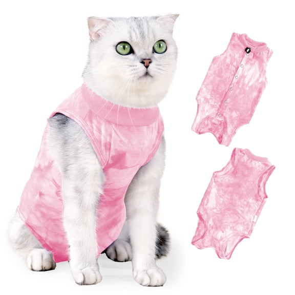 Amztom Cat Recovery Suit, Tie-Dye Post-Surgery Pet Clothing, Soft Stretch Fabric Cat Surgery Shirt with Back Button Closure, Prevents Licking and Biting After Spay/Neuter,Pink,S