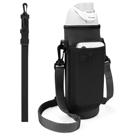 Linkidea Water Bottle Carrier with Shoulder Strap Compatible with Owala FreeSip Bottle 24oz, Waterbottle Sling Bag Holder with Mesh Phone Pocket, Black