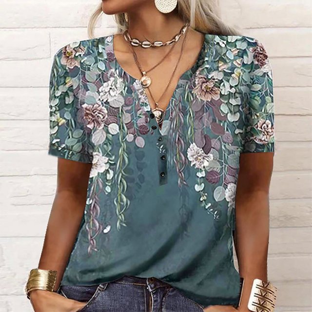 ICHUANYI Clearance Women's Fashion Summer V Neck Leisure Short Sleeve Buttons Printing Tops(Green, S) ICHUANYI WER2023081113368