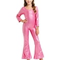 thumbnail image 2 of UQJfacai Girls Sparkly Jumpsuits Glitter Long Sleeve Cocktail Party Crew Neck Bodycon Flared Long Pants Rompers Onesies 2-17 Years, 2 of 5