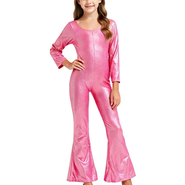 Mono para niños de color sólido con lentejuelas elegantes para fiestas de baile, actuaciones escolares, mangas largas, cuello redondo, pantalones acampanados, ropa combinada para fiestas y festivales,
