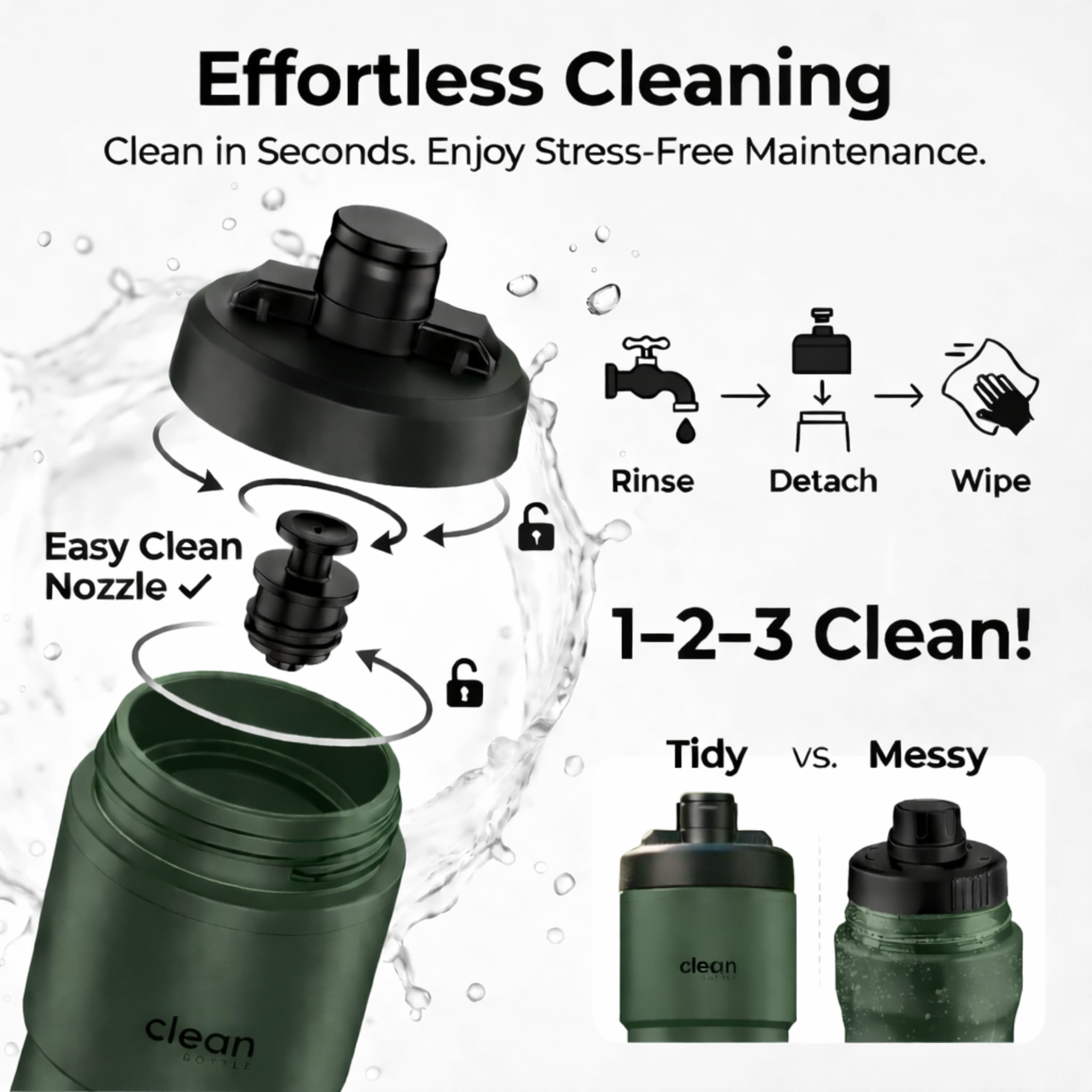 Clean Bottle 23 oz Sport Insulated Bike Water Bottle with Easy-Squeeze Nozzle Matte Green