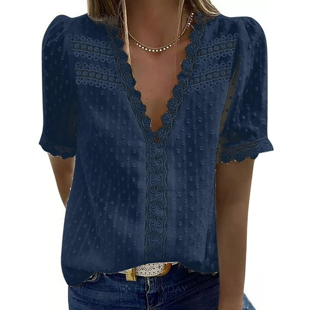 Puntoco Moda Mujer Casual Sólido Manga Corta V-Cuello Encaje Camiseta Blusa Tops Liquidación Puntoco Puntoco-6206