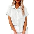 thumbnail image 3 of Summer Linen Short Sleeve Loose Fit Dress Shirts for Women White Leisure Solid Color Work Fashion Women's Casual Button Shirt XXL, 3 of 7