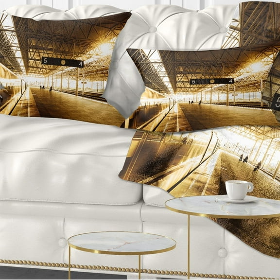 Designart Train at Railway Station with Sunlight - Landscape Printed Throw Pillow - 12x20