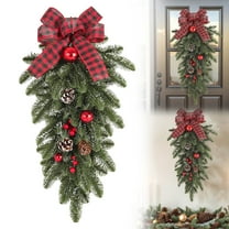 Christmas Teardrop Swag, Artificial Christmas Swag with Plaid Bow Pine Cone Red Berry, Christmas Swag Teardrop Ornament, Decorative Props Pendant for Front Door Wall Hanging Decor,19.69 inch