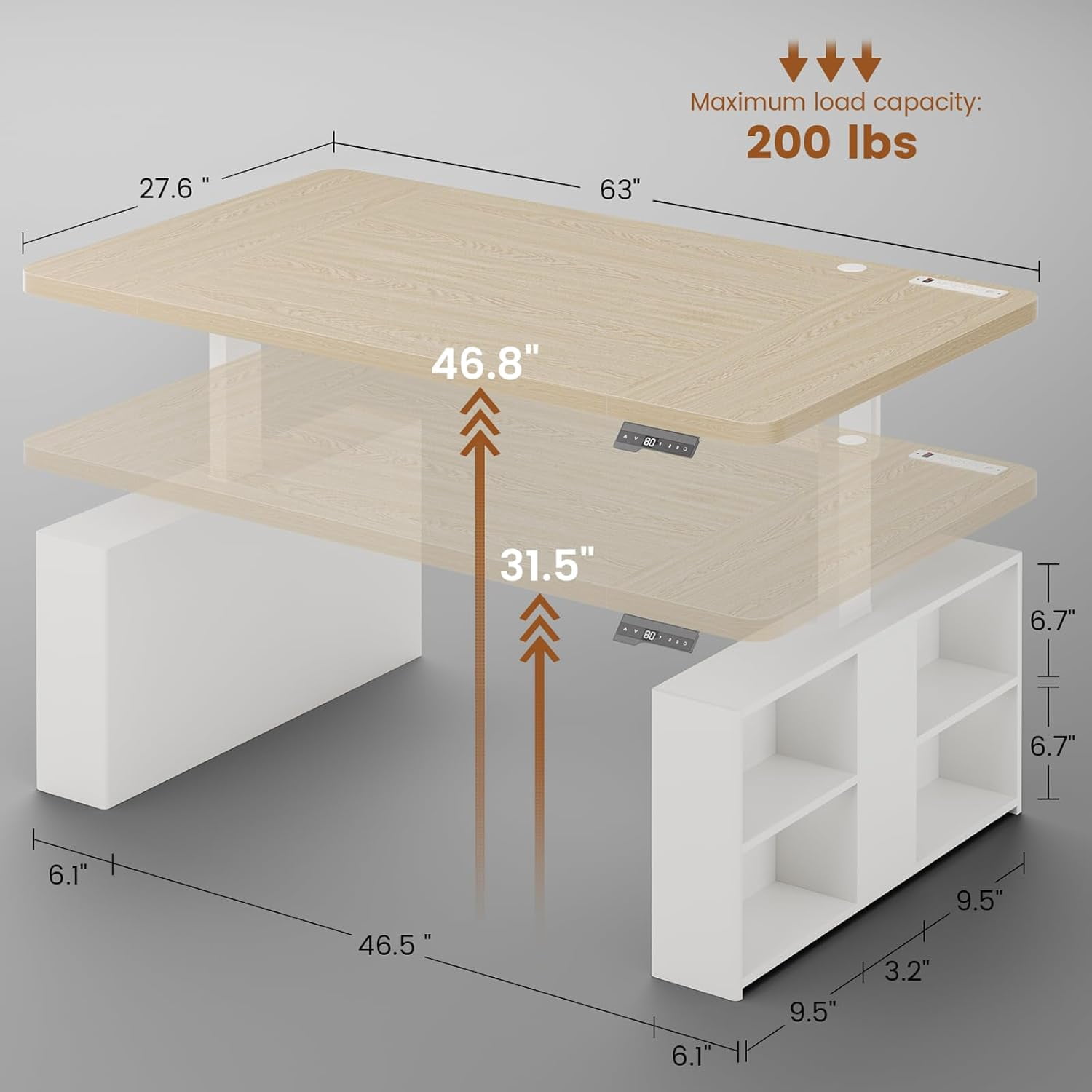 SEDETA 63" Standing Office Desk with Storage, Height Adjustable Executive Desk witj Power Outlets & Open Shelves, Large Computer Desk with Privacy Panel for Home Office, White