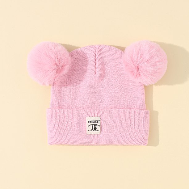 Gorro de lana de color sólido acrílico para niños, gorro de punto estándar para otoño e invierno, con doble bola, para bebés