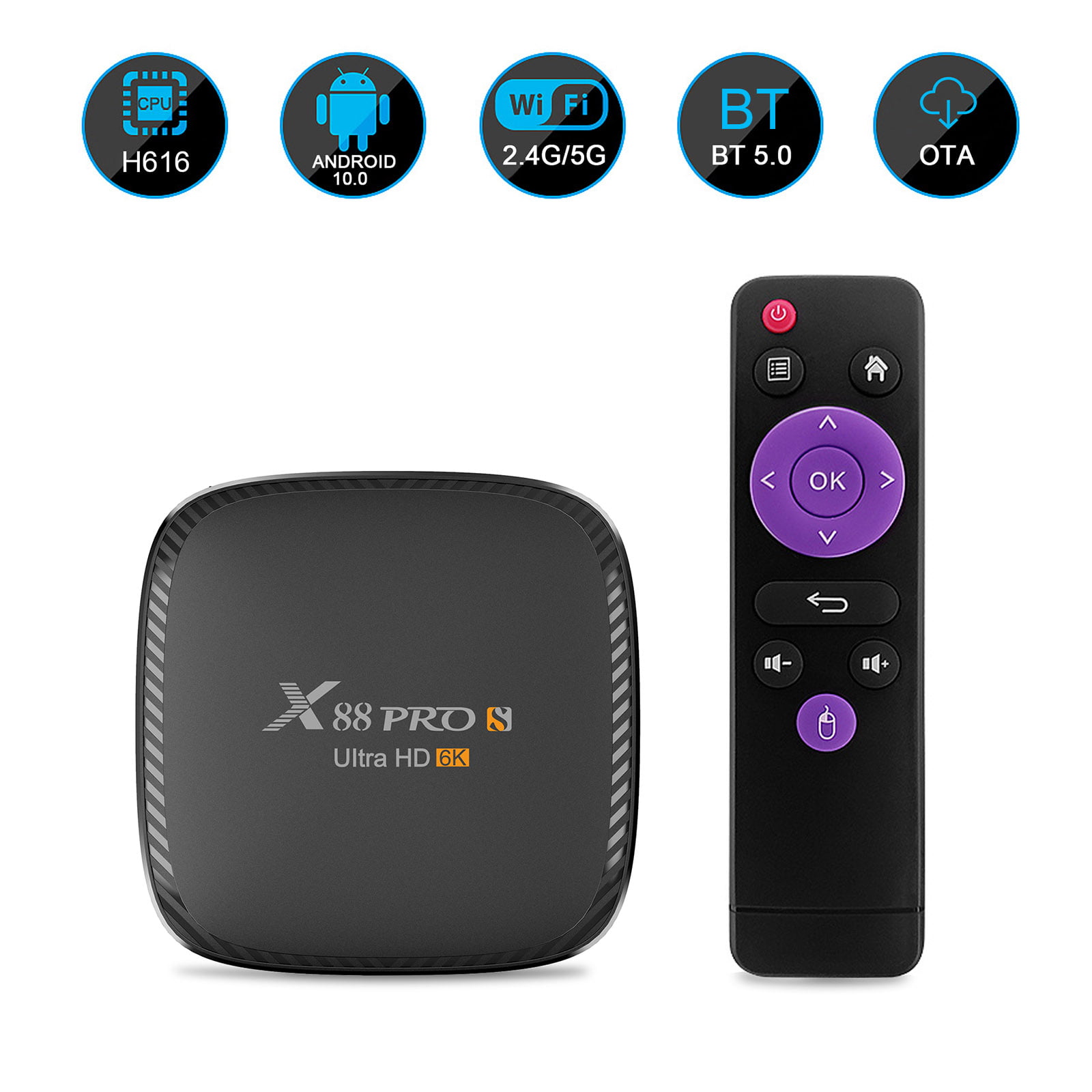X88 PRO S 4GB RAM 64 ROM Android 10.0 TV Box,Allwinner H616 Quad-Core 64-bit Android Box with 2.4G/5G Dual WiFi 10/100M Ethernet Support H.265/3D/6K Ultra HD/BT 5.0/HDMI 2.0 Smart Box