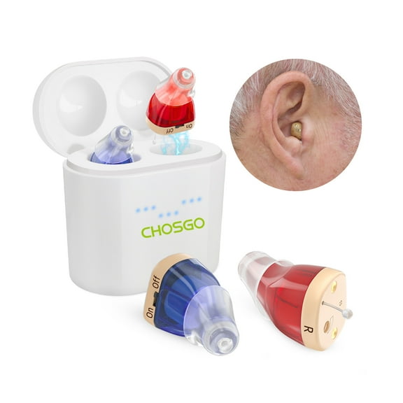 Chosgo Rechargeable CIC Hearing Aids for Seniors with Noise Cancelling, Hearing Amplifiers for Ear with Portable Charging Case, Mini CIC Hearing Aids with 12-Channel(Red&Blue)
