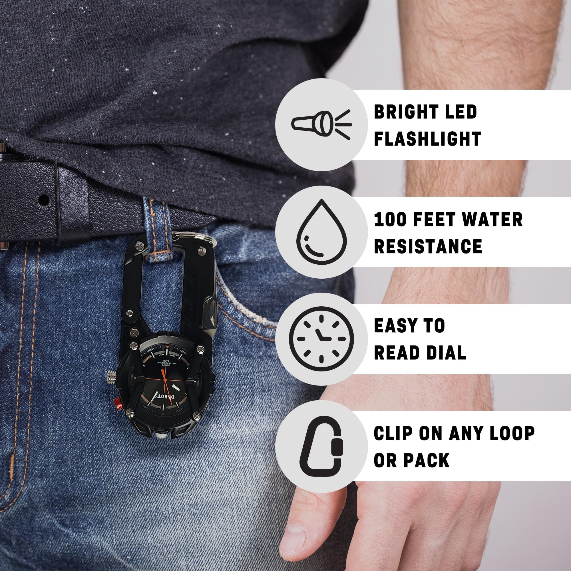 Multitool Clip Watch for Men – Black | 100ft Water Resistant Clip-On Watch with LED Light, Bottle Opener, Screwdriver & Carabiner – Outdoor Work, Camping, Hiking Tool
