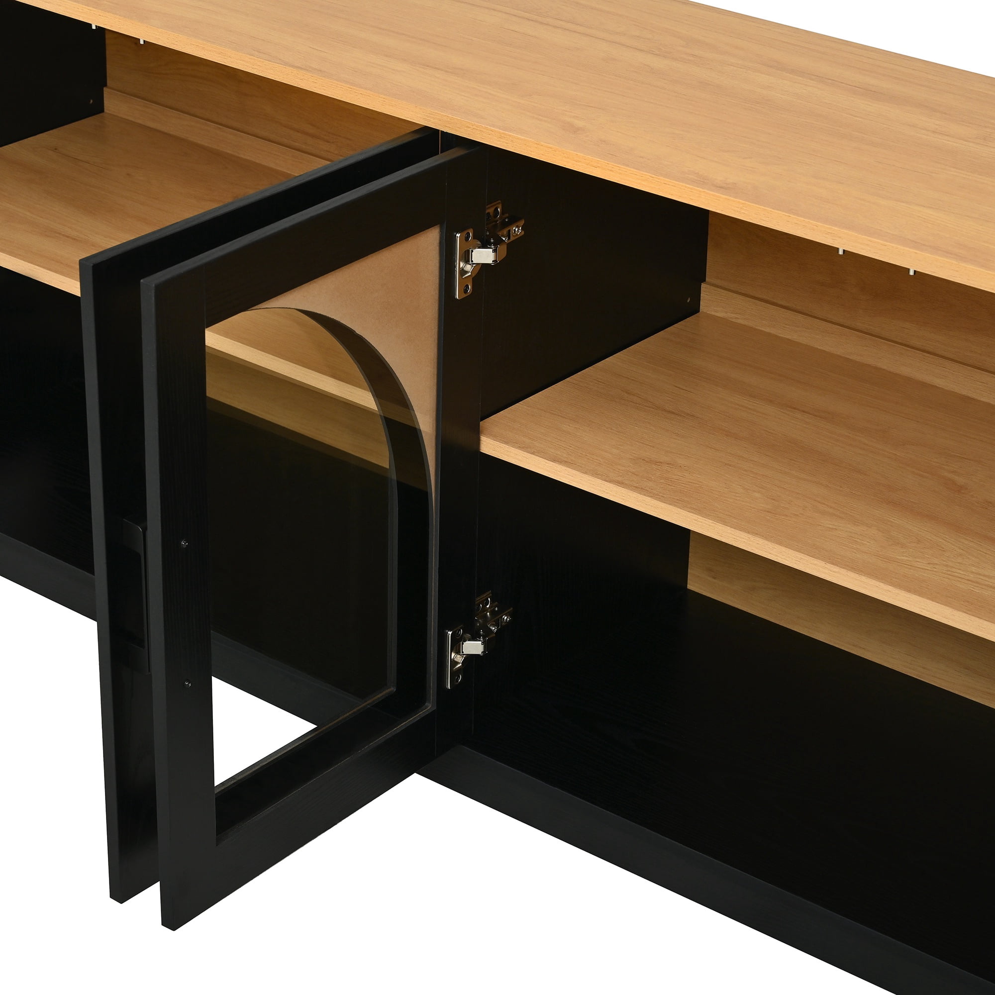PORKISS Two-Tone TV Stand for 70", Vintage Media Console Cabinet with 4 Arched Tempered Glass Doors, Entertainment Center with Cable Management and Storage, Black