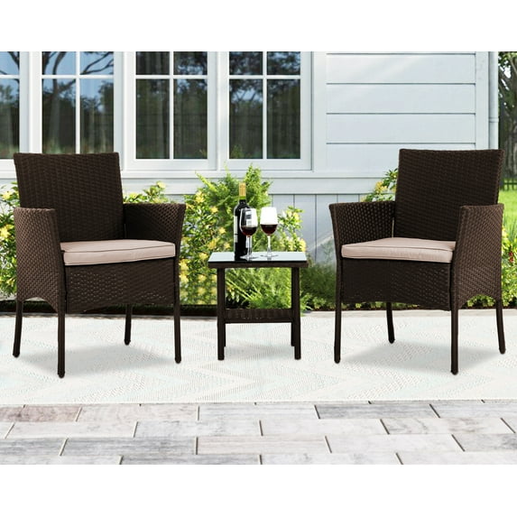 YRLLENSDAN Outdoor Patio Furniture Sets,3 Pieces Patio Set Rattan Chair Indoor Wicker Bistro Set with Glass Table for Yard Lawn (Brown)
