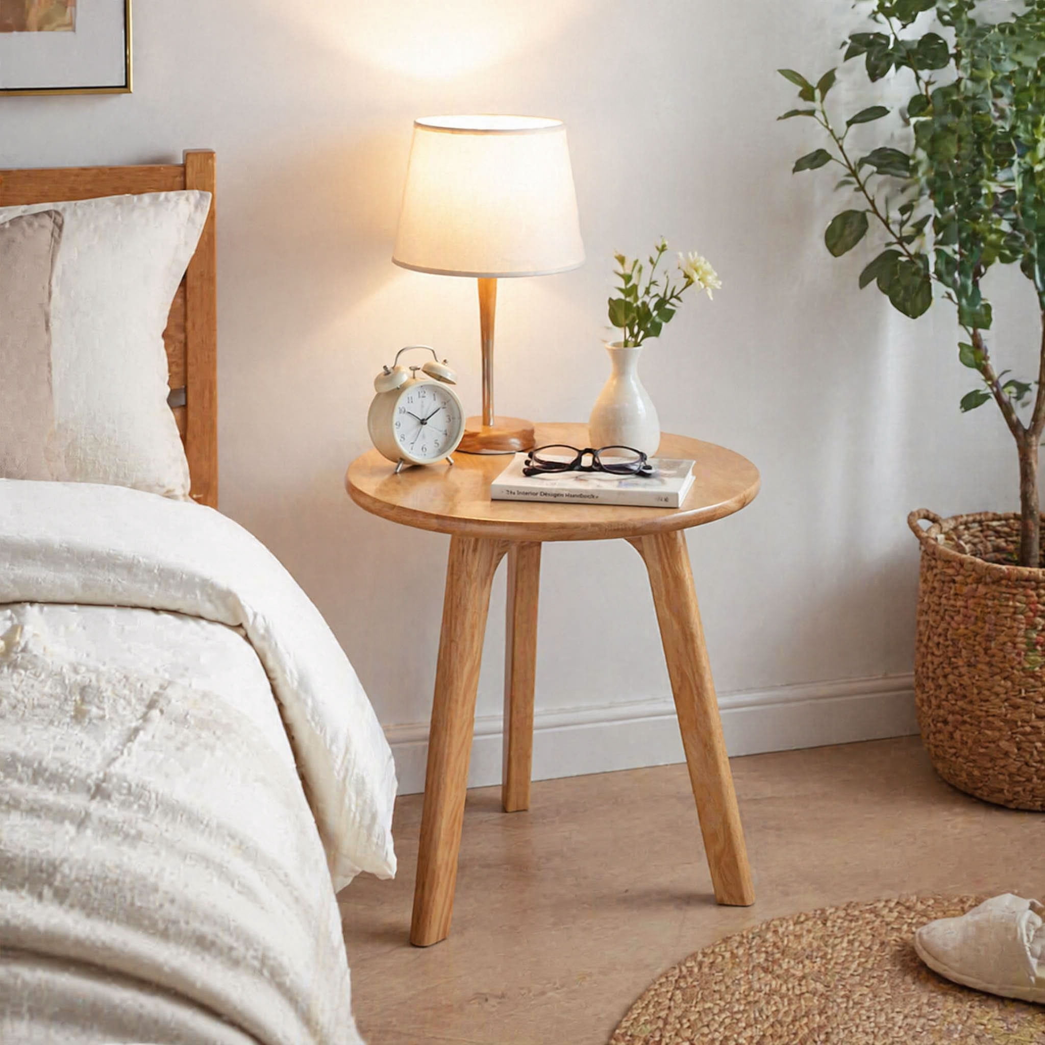 MAYEERTY Solid Oak Wood Round End Table, Mid-Century Modern Small for Apartment Living Room Bedroom Balcony Small Spaces