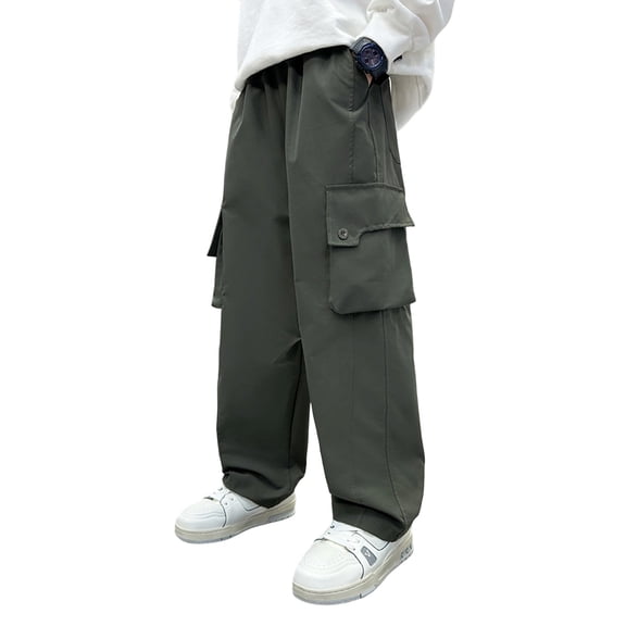 Bobifish Boys Pants Solid Color Wide Leg Cargo Pants With Multiple Pockets Camping Hiking Windproof Trousers Kids Winter Durable Sports Pants,Sizes 5-6Y