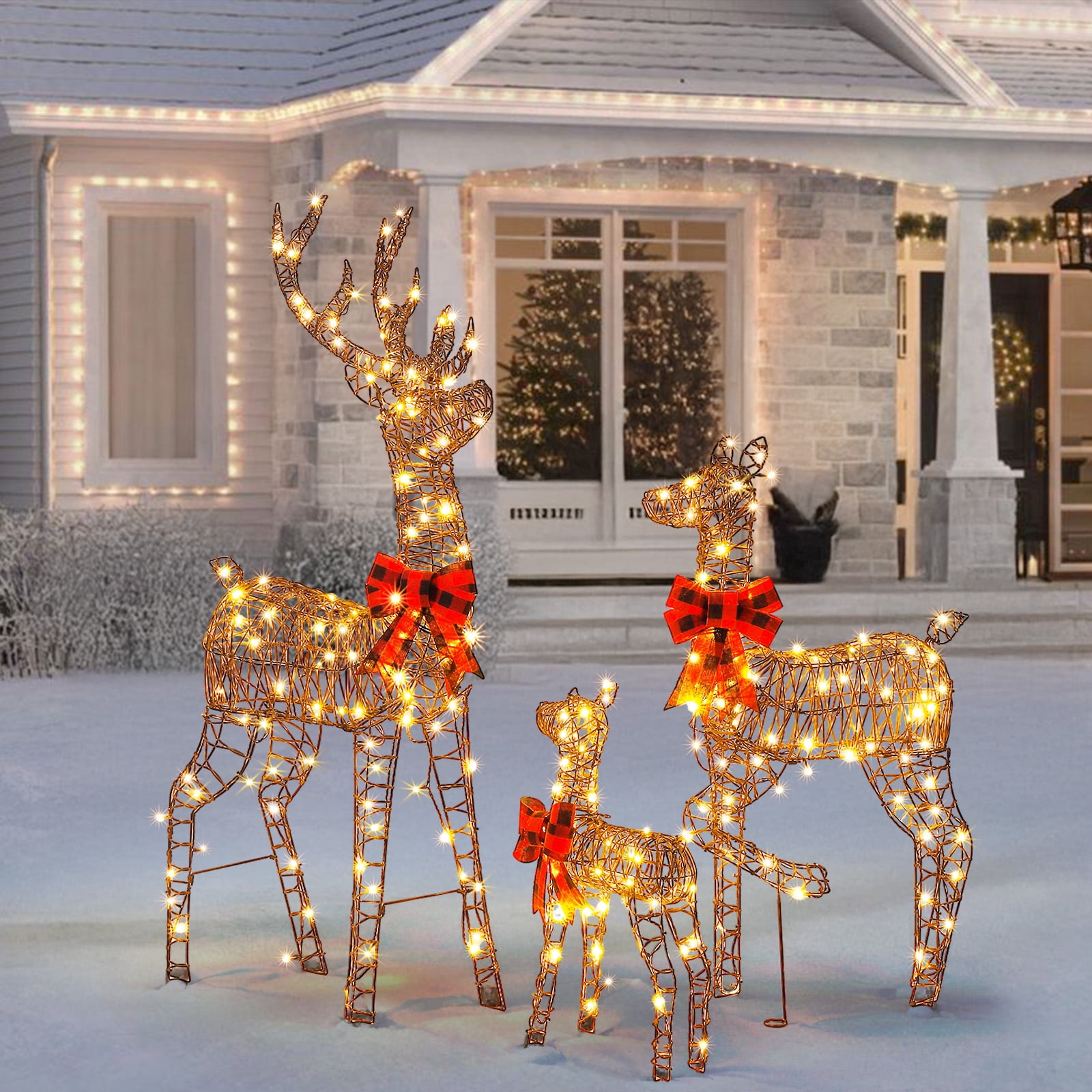Astoutdoor 3-Piece Lighted Christmas Reindeer Family Set, Weather-Resistant Rattan, 290 Warm White LED Lights, 5 ft, White