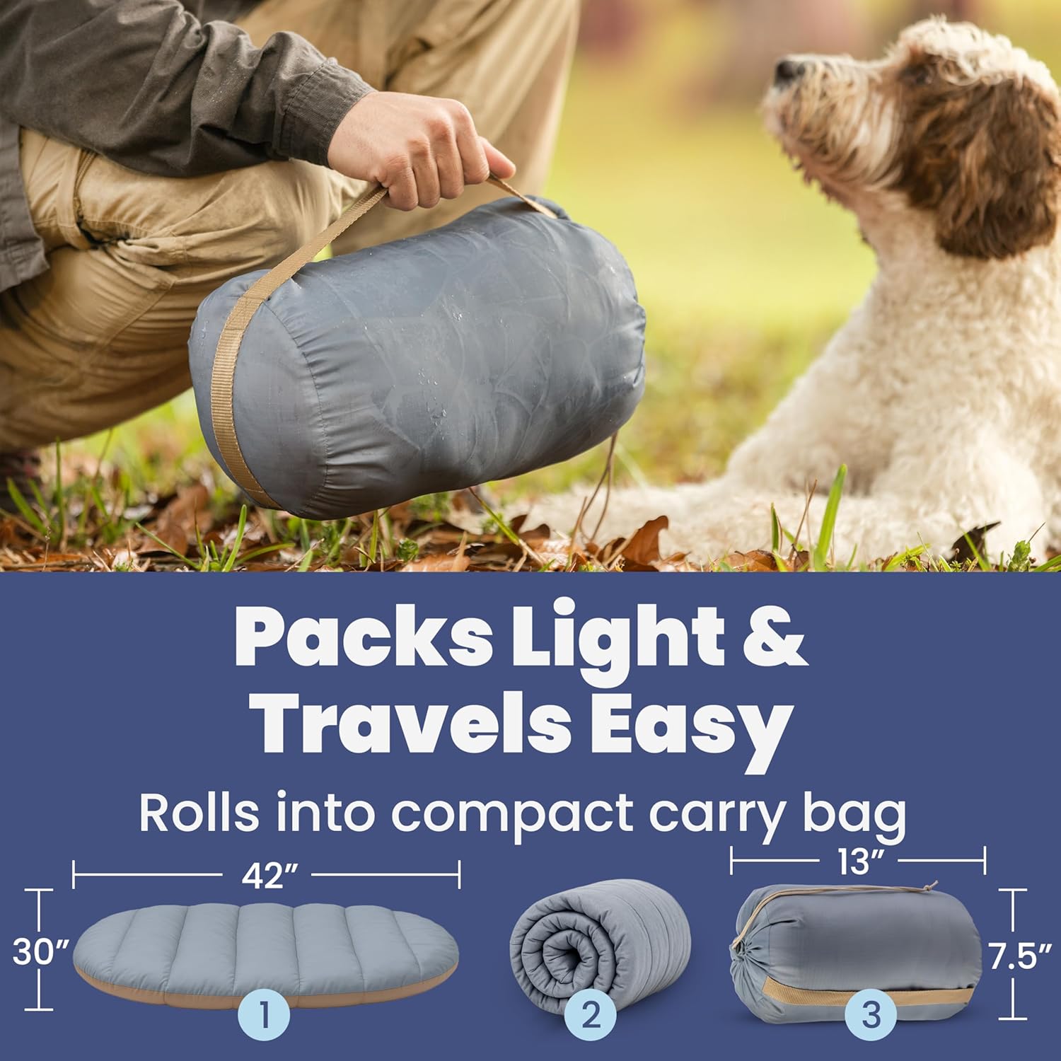 Dog Travel Bed (42" x 30"), Packable Bed for Travel and Road Trips for Medium & Large Breeds, Machine Washable, Grey