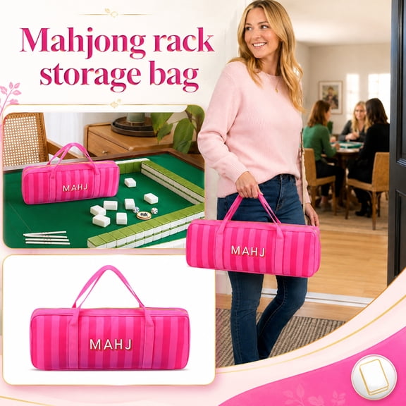 Mahjong Rack Bag, 19.7 x 6.7 x 3.94 Inch Mahjong Rack Storage Bag for Racks and Pushers, Pink Striped Bag Only with Zipper, Handles, Divider and Hook-and-Loop Tab