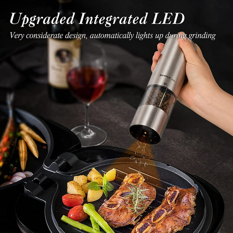 SIMPLETASTE Electric Salt and Pepper Grinder Set, Automatic One-Hand  Operation, Light and Adjustable Coarseness, Stainless Steel