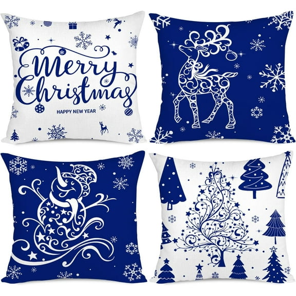 4Pcs Christmas Throw Pillow Covers Christmas Decoration Trees Deer Snowman Merry Christmas Decorative Holiday Farmhouse Pillow Covers for Holiday Christmas Decoration
