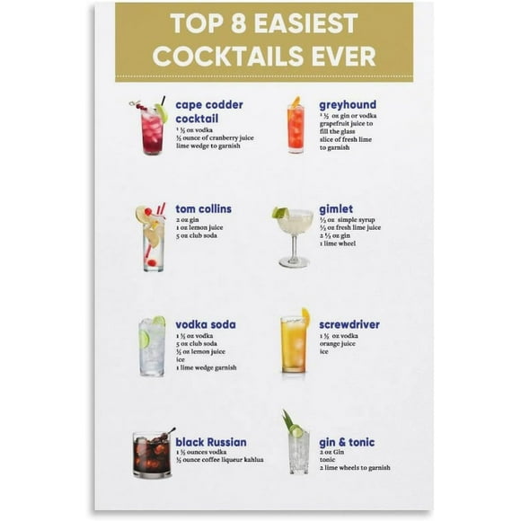 PPHAOSHO Top Easiest Cocktail Mixology Recipe Alcoholic Hanger Themed Restaurant Decro x Poster frameless Painting Canvas Wall Posters Art Picture Print Modern Home Decor 20x30inch