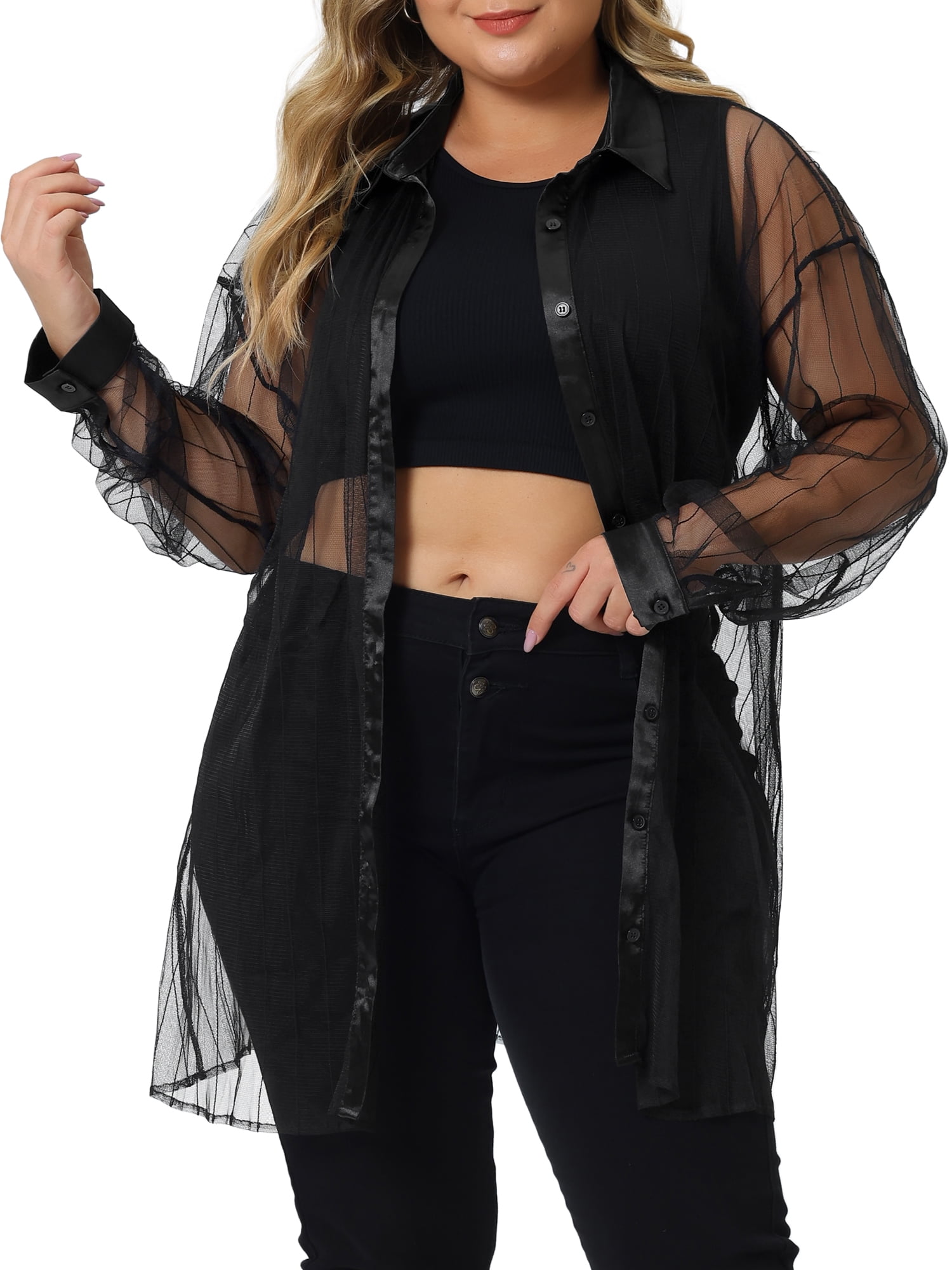 Unique Bargains Women's Plus Size Shirt Mesh Sheer Long Sleeve Blouses 2X Black