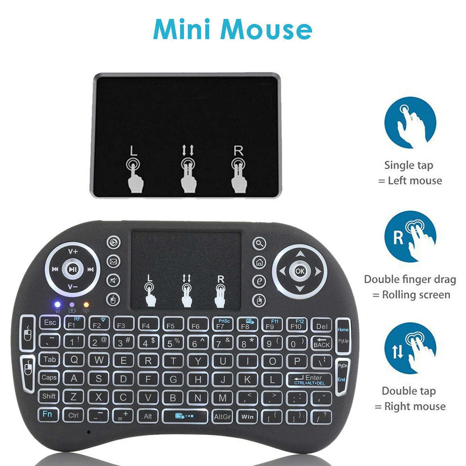 Black Mini Wireless Keyboard/Air Remote Control/Mouse/Touchpad with Colorful Backlit Best for Android TV Box 2.4GHz Connection IPTV Raspberry pi 3,Pad and More Devices. HTPC PC 