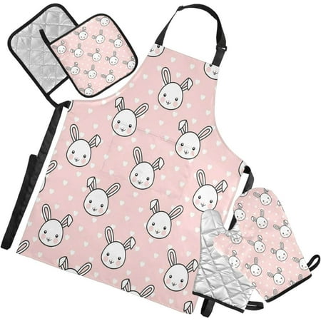 

Bestwell Cute White Bunny Kitchen Apron Sets 1 Waterproof Apron with Pockets 2 Oven Mitts & 2 Pot Holders Kitchen Accessories Set Adjustable Strap for Kitchen Cooking