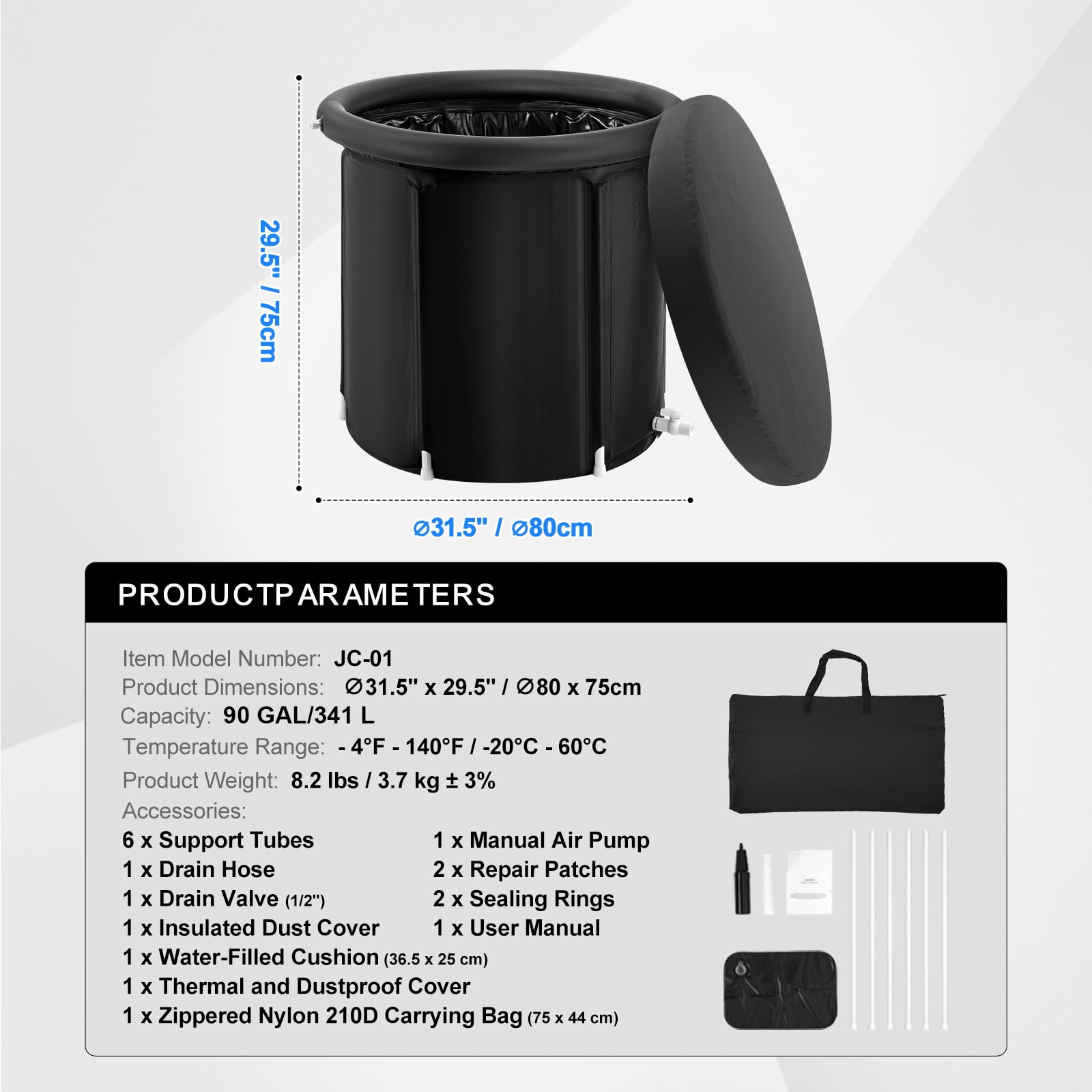 KFFKFF Cold Plunge Therapy Tub, Inflatable and Portable Ice Bath for Recovery, Ideal for Athletes, 77 Gal Outdoor Ice Pool with Cover, Adult Size, 32"Lx30"H