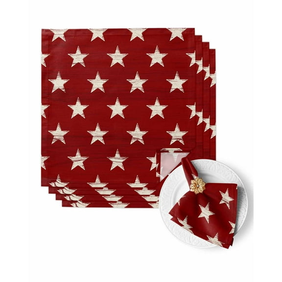 Cloth Napkins Retro White Stars on Red Wooden Washable Soft Kitchen Dinner Napkin Set of 4,4th of July Patriotic USA Flag Reusable Cocktail Napkins for Wedding Holiday Party Event,20x20In