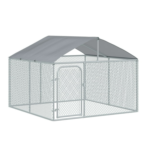 Pawhut Outdoor Chain Link Box Kennel Dog House with Cover, Silver