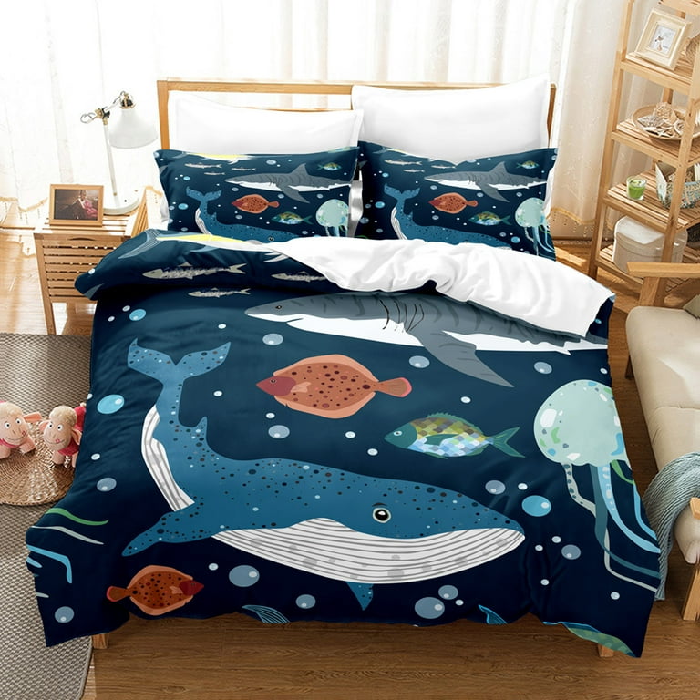 Duvet Cover Set Marine Animal Dolphin Shark 3D Digital Printing Duvet Cover with Pillowcases 3D Printed Bedding Set with Zipper Closure Soft