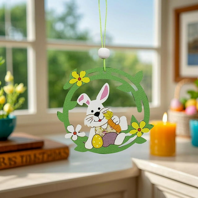 Adorno de madera para colgar con forma de conejito de Pascua y flores, artesanía de madera para la decoración navideña